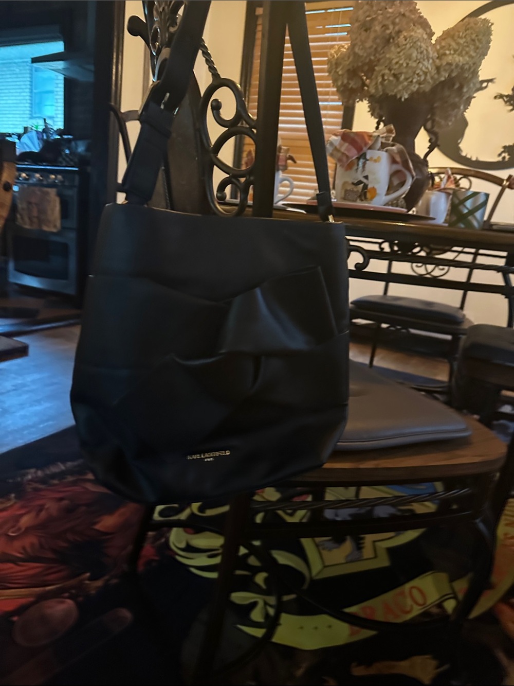 Karl Lagerfeld Paris Black Quilted Shoulder Bag with Bow Accent